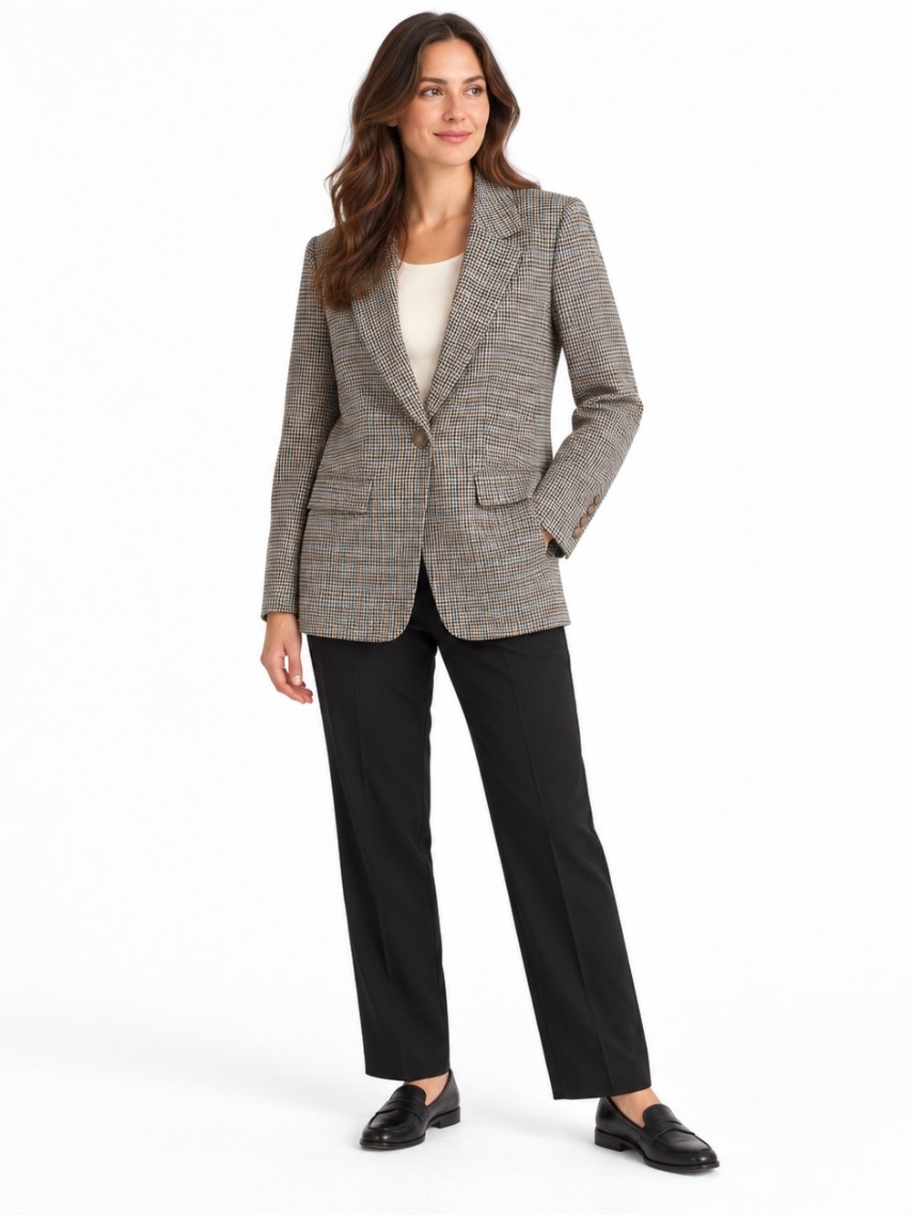 LOFT Plaid Blazer Size 6 Cream Brown Blue One-Button Tailored Jacket